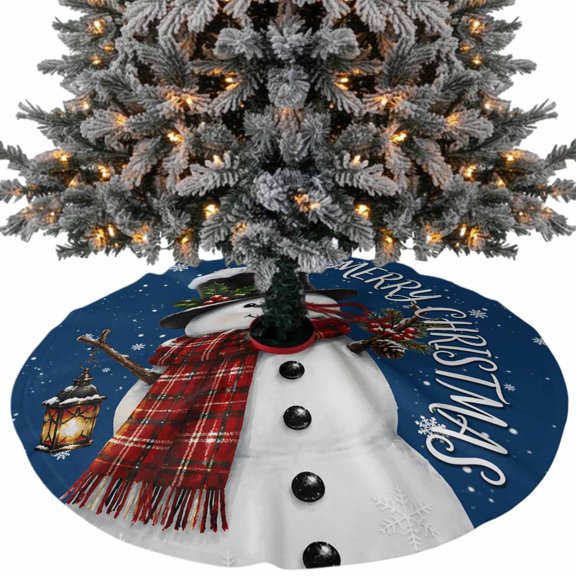 Merry Christmas Christmas Tree Skirt 36 Inch, Winter Rustic Snowman Scarf Berry Snowflake Blue Xmas Tree Skirt, Christmas Tree Mat Ornaments for Home New Year Party and Holiday Decor Supplies