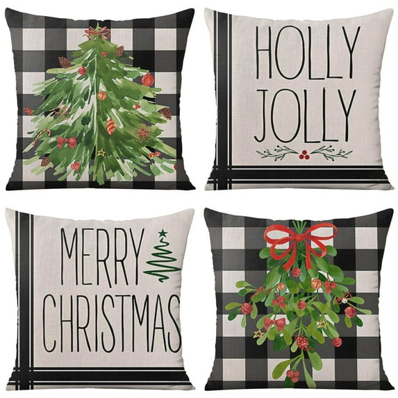 Merry Christmas Christmas Tress Black & White Buffalo Plaid Pillow Covers Christmas Tress Black & White Buffalo Plaid Pillow Cover 16"x16" Set Of 4, Rustic Sofa Couch Cushion Case