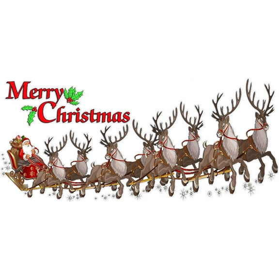 Merry Christmas  Claus with Sleigh and Reindeer Large Wall Decal 24" x 11"