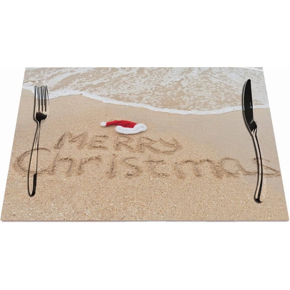 Merry Christmas Cloth Linen Placemats Tropical Beach Sand Dining Table Mat Desk Indoor Table Protectors Non Slip Pad,Square Set of 4 12 * 18 Inch