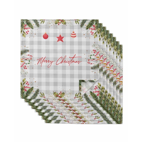 Merry Christmas Cloth Napkin Set of 8, Red Star Ball Evergreen Bough Berry Gray Plaid Washable Linen Napkins Absorbent Kitchen Table Dinner Napkins for Restaurant/Wedding/Hotel