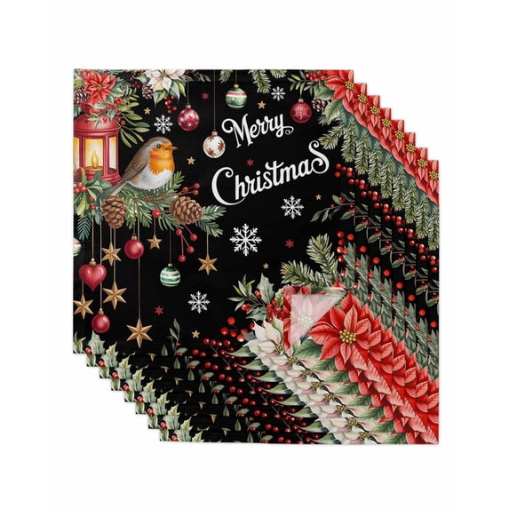Merry Christmas Cloth Napkins Set of 8 Reusable Dinner Napkins, Black Xmas Tree Snowflake Poinsettia Cocktail Napkin Washable Table Napkins for Wedding/Holiday Party/Baby Shower 20"x20"
