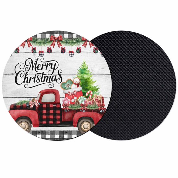 Merry Christmas Coasters Set of 2, Absorbent Coasters for Drinks, Xmas Tree Truck Balls Gifts Grey Wood Coaster for Desk Coffee Table Protection, Home Decor House Warming Gifts 4"