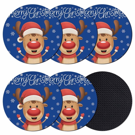 Merry Christmas Coasters Set of 6, Absorbent Coasters for Drinks, Blue Winter Xmas Hat Deer Snowflake Coaster for Desk Coffee Table Protection, Home Decor House Warming Gifts 4"