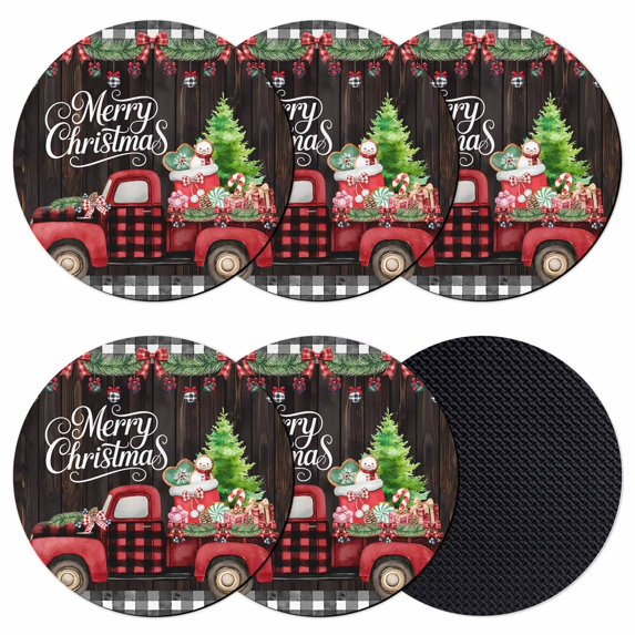 Merry Christmas Coasters Set of 6, Absorbent Coasters for Drinks, Xmas Tree Truck Balls Gifts Brown Wood Coaster for Desk Coffee Table Protection, Home Decor House Warming Gifts 4"