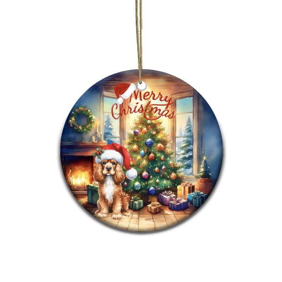 Merry Christmas Cocker Spaniel Santa Hat Xmas Tree Winter Holiday Ceramic Round Ornament Cockers Dog Lover Gifts Home Tree Decor - 01013