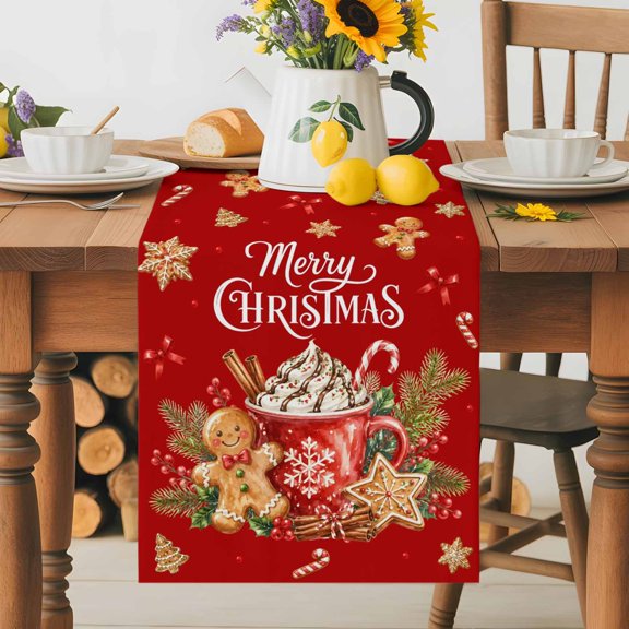 Merry Christmas Cocoa Gingerbread Man Table Runner 36 Inches Long, Vintage Red Table Runners Tabletop Scarf Kitchen Dining Tables Decoration for Home Party Indoor Outdoor