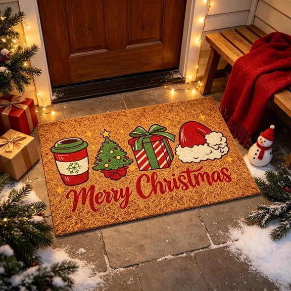 Merry Christmas Coir Doormat, Christmas Tree Hat Gift Box Cup Pattern Front Door Mat, Non Slip Christmas Welcome Rug for Indoor Outdoor Home Porch Holiday Decor
