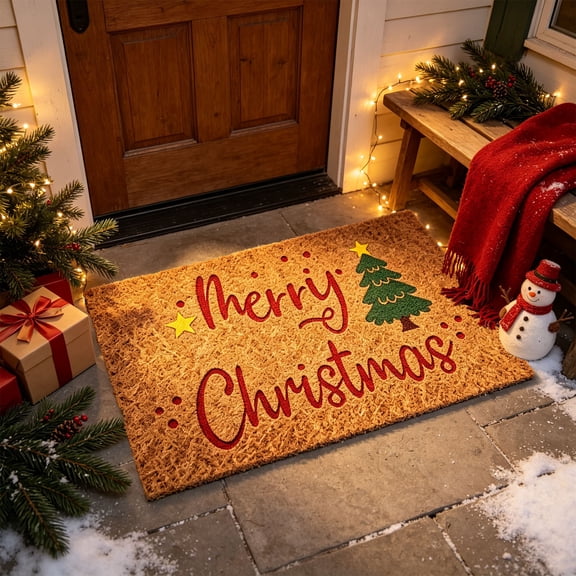 Merry Christmas Coir Doormat, Christmas Tree Pattern Front Door Mat, Non Slip Christmas Welcome Rug for Indoor Outdoor Home Porch Holiday Decor