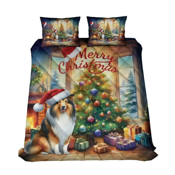 Merry Christmas Collie Santa Hat Xmas Tree Winter Holiday Quilt Bedding Set Collie Dog Lover Gifts Idea 1 Blanket Bed Cover 2 Pillowcases - 01013