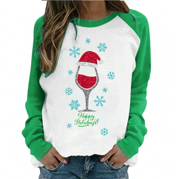 Merry Christmas Color Block T Shirts Women Wine Cup Graphic Long Sleeve Raglan Round Neck Holiday Baseball Tees Tops
