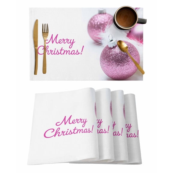 Merry Christmas Colored Ball Placemats Set of 4 Pink Sequins Ball Winter Heat Insulation Washable Place Mats, Rustic Non-Slip Table Mats for Dining Table Party Kitchen Decor,13x19 Inch