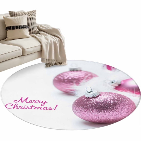 Merry Christmas Colored Ball Round Area Rug 3ft Pink Sequins Ball Winter Non-Slip Washable Circle Rugs Soft Felt Indoor Floor Mat for Bedroom Kitchen Living Room Bathroom