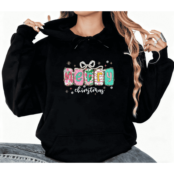 Merry Christmas Colorful Graphic Tee T-Shirt Print Top Fashion Colorful Hooded long-sleeved Black S-2XL
