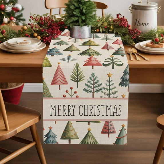 Merry Christmas Colorful Tree Sketch Table Runner 13x60in Non-Slip Cotton Linen Table Runners, Watercolor Xmas Theme on Flax Dresser Scarves TableRunner for Dinner Kitchen Dining Wedding Party