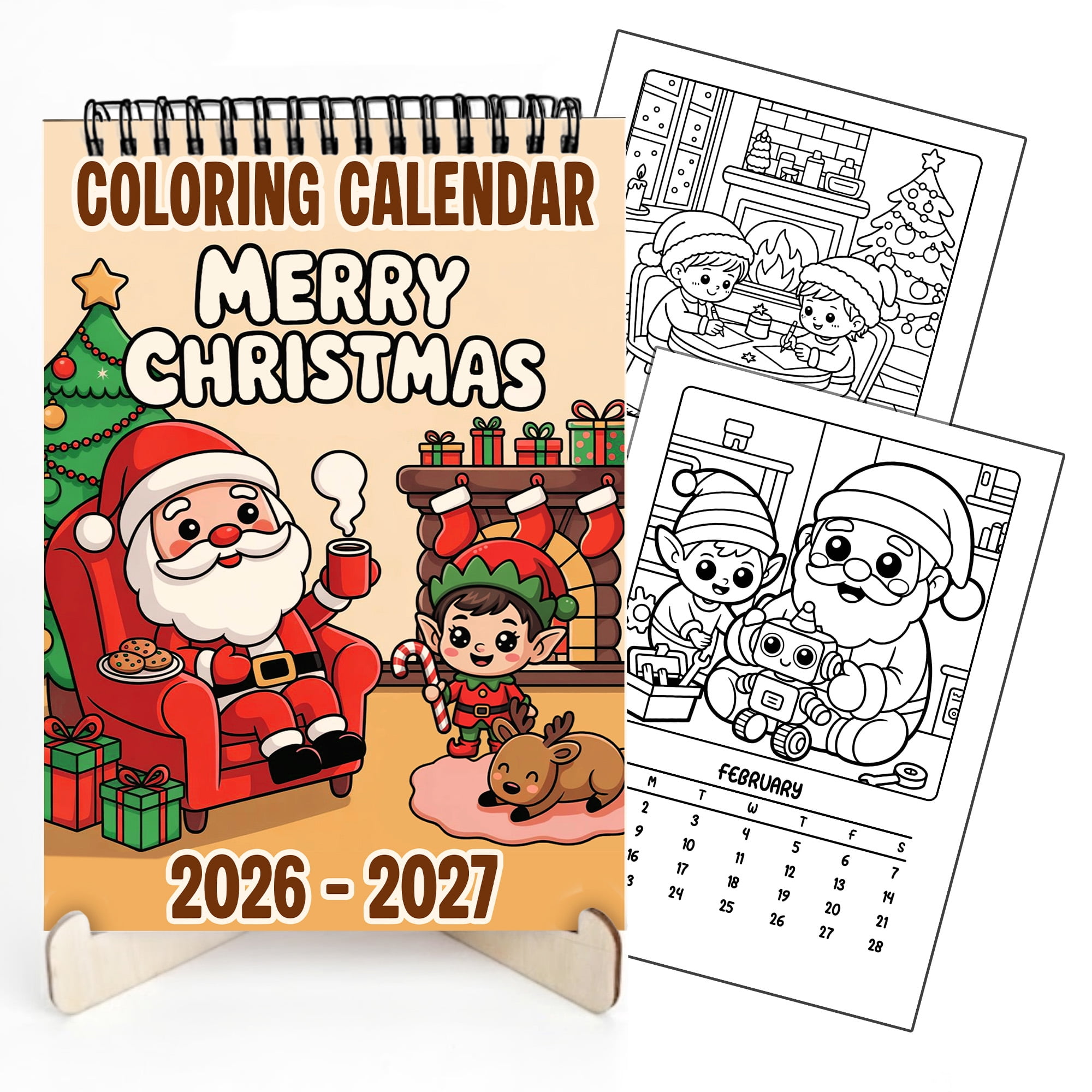 Merry Christmas Coloring Desk Calendar 2026–2027, A5 Wooden Cover Planner with 26 Easy Coloring Pages for Adult Relaxation, 24 Month Desktop Calendar with Stand, Gift for Family & Friends