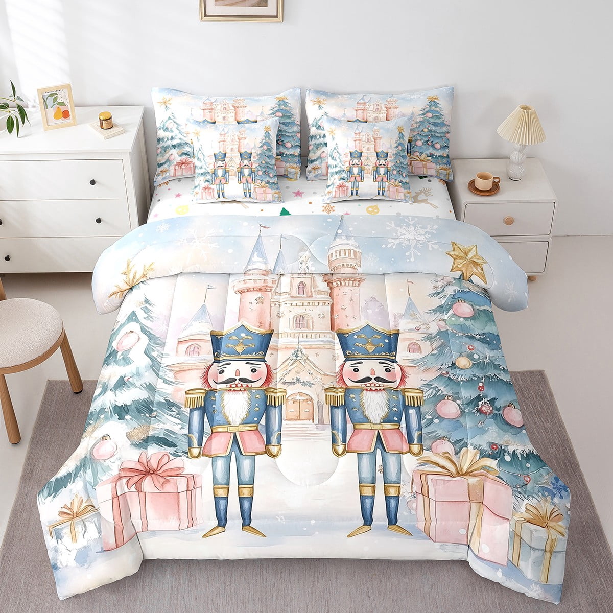 Erosebridal King Size Christmas Bed Sheet Set - Pink Nutcracker Castle Princess Theme (4-Piece)