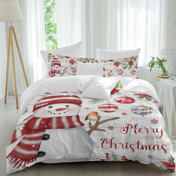 Merry Christmas Comforter Set California King Size, Xmas Ball Poinsettia Red Berry Wood Grain Soft Bedding Set for Man Woman, 4 Pieces Duvet Cover Set with Fitted Sheet, 2 Pillowcases