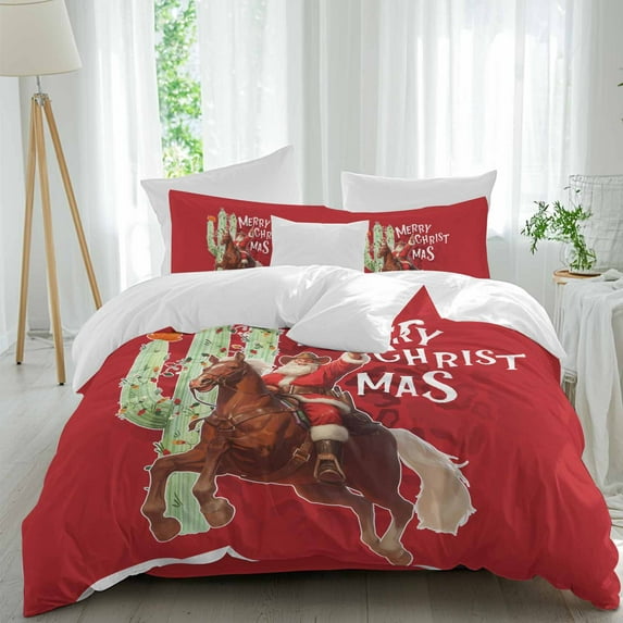 Merry Christmas Comforter Set Full Size, Cowboy Santa Claus Cactus Red Soft Bedding Set for Man Woman, 4 Pieces Duvet Cover Set with Fitted Sheet, 2 Pillowcases