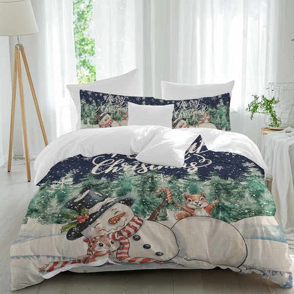 Merry Christmas Comforter Set Full Size, Navy Blue Snowman Squirrel Pine Tree Snowflake Soft Bedding Set for Man Woman, 4 Pieces Duvet Cover Set with Fitted Sheet, 2 Pillowcases