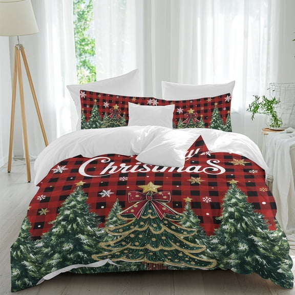 Merry Christmas Comforter Set Queen Size, Fantasy Xmas Trees Stars Winter Snowflakes Red Black Plaid Soft Bedding Set for Man Woman, 4 Pieces Duvet Cover Set with Fitted Sheet, 2 Pillowcases