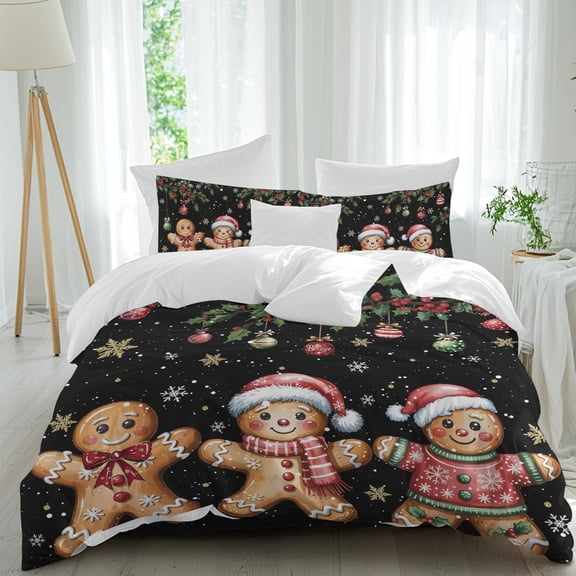 Merry Christmas Comforter Set Queen Size, Xmas Cute Gingerbread Man Balls Holly Berry Snowflakes Black Soft Bedding Set for Man Woman, 4 Pieces Duvet Cover Set with Fitted Sheet, 2 Pillowcases