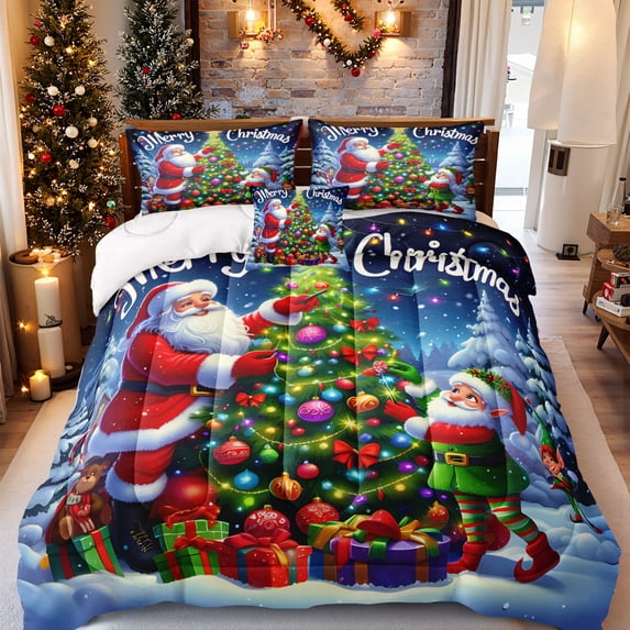 Merry Christmas Comforter Set Snowflake Xmas Tree Printed Quilt Set Bedding Christmas Room Decor Soft Lightweight Comforter Set 4 Pieces for All Season