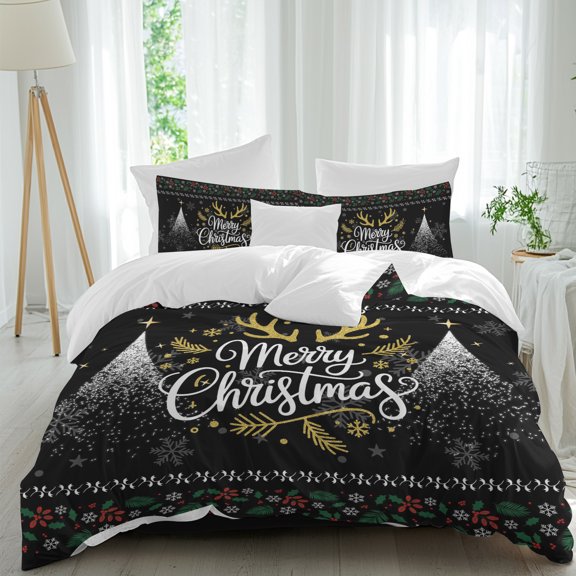 Merry Christmas Comforter Set Twin Size, Snowflakes Antlers Flower Winter Black Soft Bedding Set for Man Woman, 4 Pieces Duvet Cover Set with Fitted Sheet, 2 Pillowcases
