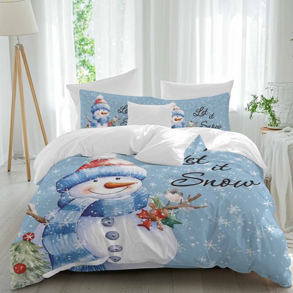 Merry Christmas Comforter Set Twin Size, Snowman in Blue Scarf And Hat Snowflake Soft Bedding Set for Man Woman, 4 Pieces Duvet Cover Set with Fitted Sheet, 2 Pillowcases