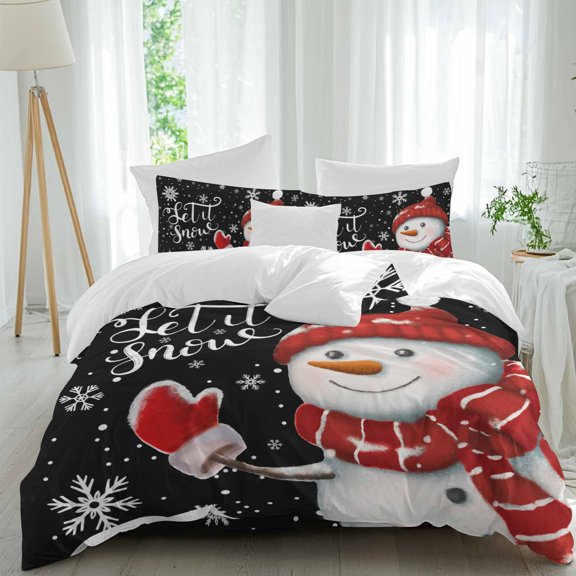 Merry Christmas Comforter Set Twin Size, Snowman in Red Scarf And Hat Snowflake Soft Bedding Set for Man Woman, 4 Pieces Duvet Cover Set with Fitted Sheet, 2 Pillowcases