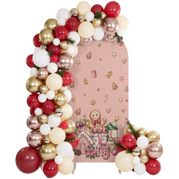 Merry Christmas Cookie Man Arch Backdrop Cover Spandex Fitted Arch Cover 7.2FT,Arches Backdrop Stand Covers for Wedding Birthday Party Ceremony Banquet Decoration Xmas Tree Flower on Pink