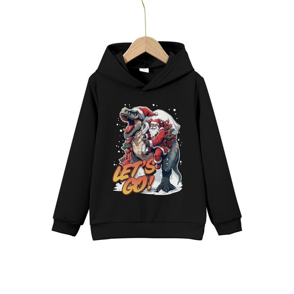 Merry Christmas Cool Santa Riding Dinosaur Print Boys Casual Pullover Long Sleeve Hoodies, Boys Sweatshirt For Spring Fall, Kids Hoodie Tops Outdoor