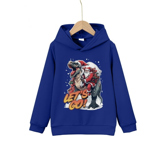 Merry Christmas Cool Santa Riding Dinosaur Print Boys Casual Pullover Long Sleeve Hoodies, Boys Sweatshirt For Spring Fall, Kids Hoodie Tops Outdoor