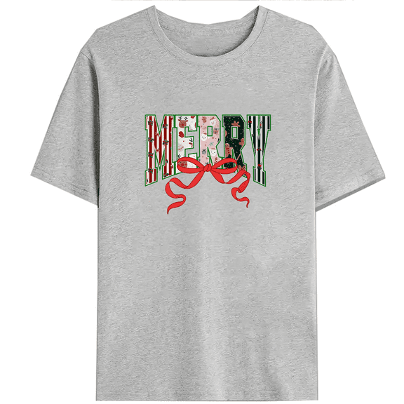 Merry Christmas Coquette Bow Print Tshirts Christmas Theme Graphic Tees Family Matching Christmas Shirts Short Sleeve Tops for Holiday Gray,XL