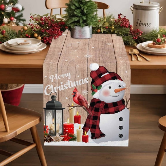 Merry Christmas Cotton Linen Small Table Runner 13 x 36 inch Xmas Snowman Snowflake Candle Wood Non-slip Rectangular Dining Table Decor for Wedding Party Holiday Dinner