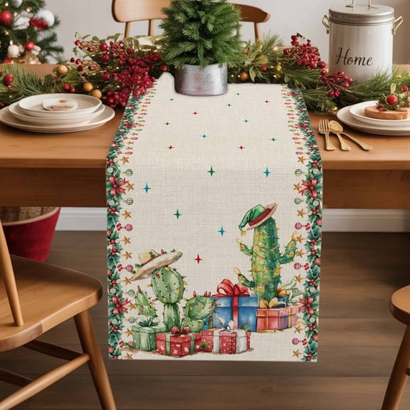 Merry Christmas Cotton Linen Table Extra Long Runner 13 x 120 inch Farmhouse Cactus Pine Branches Winter Non-slip Rectangular Dining Table Decor for Wedding Party Holiday Dinner