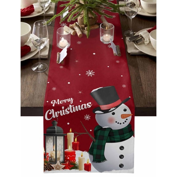 Merry Christmas Cotton Linen Table Runner for Dining Kitchen, Red Xmas Snowman Snowflake Candle Winter Wedding Outdoor Party Tablerunners Decoration, Dresser Scarf Coffee Tablecloth Runners 13"x70"
