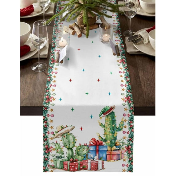 Merry Christmas Cotton Linen Table Runner for Dining Kitchen, Winter Cactus Xmas Star Pine Branches Wedding Outdoor Party Tablerunners Decoration, Dresser Scarf Coffee Tablecloth Runners 14x72 Inches