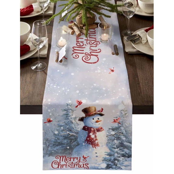 Merry Christmas Cotton Linen Table Runner for Dining Kitchen, Winter Snowman Xmas Tree Red Bids Snowfall Wedding Outdoor Party Tablerunners Decor, Dresser Scarf Coffee Tablecloth Runners 13"x108"