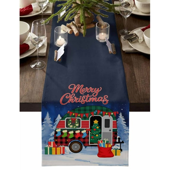 Merry Christmas Cotton Linen Table Runner for Dining Kitchen, Xmas Tree Camper Van Winter Gifts Wedding Outdoor Party Tablerunners Decoration, Dresser Scarf Coffee Tablecloth Runners 13x60 Inches