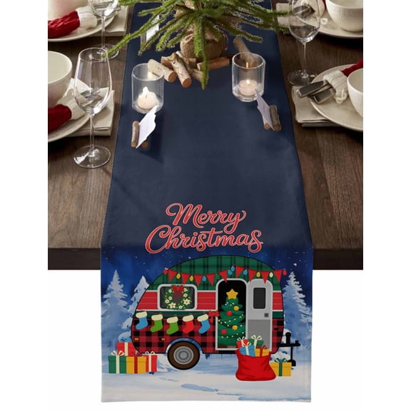 Merry Christmas Cotton Linen Table Runner for Dining Kitchen, Xmas Tree Camper Van Winter Gifts Wedding Outdoor Party Tablerunners Decoration, Dresser Scarf Coffee Tablecloth Runners 13x48 Inches
