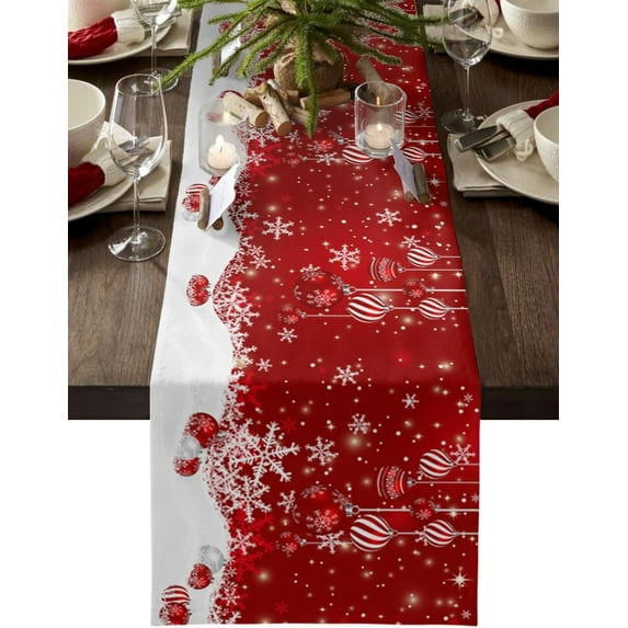 Merry Christmas Cotton Linen Table Runner Dresser Scarves,Xmas Ball Ornaments Snow Red Table Runners for Dinning Table,Snowflake Sparkle Kitchen Decor,Holiday Dinner Decoration-13x108 Inch