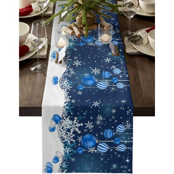 Merry Christmas Cotton Linen Table Runner Dresser Scarves,Xmas Balls Blue Winter Snow Table Runners for Dinning Table,Snowflake Sparkle Kitchen Decor,Holiday Dinner Decoration-13x72 Inch