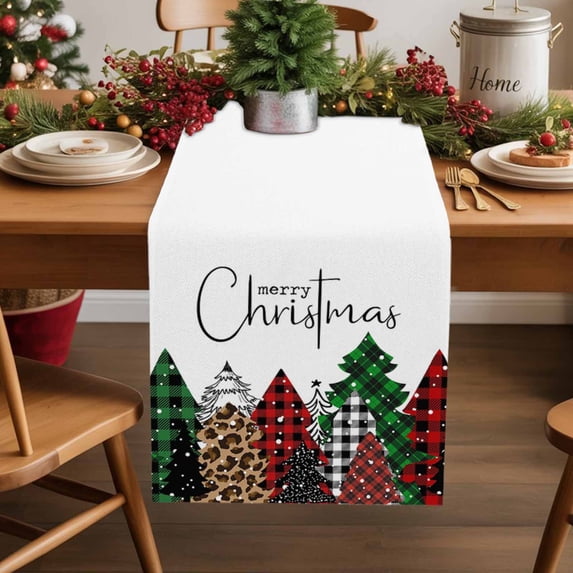 Merry Christmas Cotton Linen Table Runner Green Red Plaid Buffalo Xmas Tree Dining Table Runners for Home Decor Party Dining Room Restaurant Kitchen Party 13" x 90"