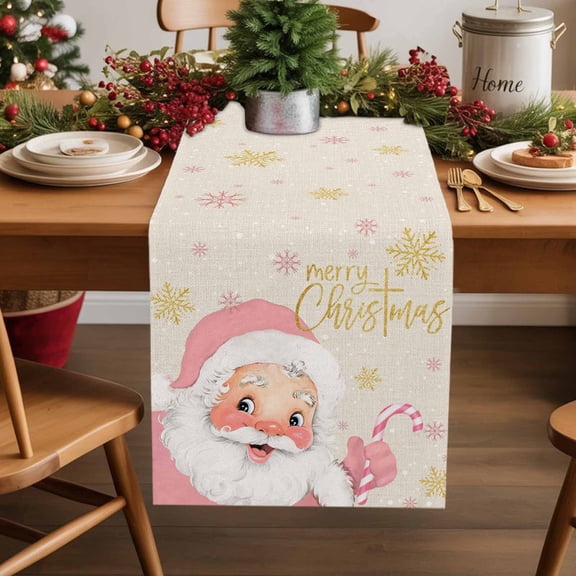 Merry Christmas Cotton Linen Table Runner Pink Santa Claus Leaf Winter Snowflake Linen Dining Table Runners for Home Decor Party Dining Room Restaurant Kitchen Party 13" x 36"