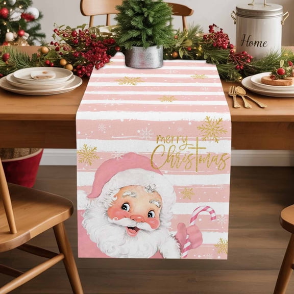 Merry Christmas Cotton Linen Table Runner Pink Santa Claus Leaf Winter Snowflake Striped Dining Table Runners for Home Decor Party Dining Room Restaurant Kitchen Party 13" x 36"