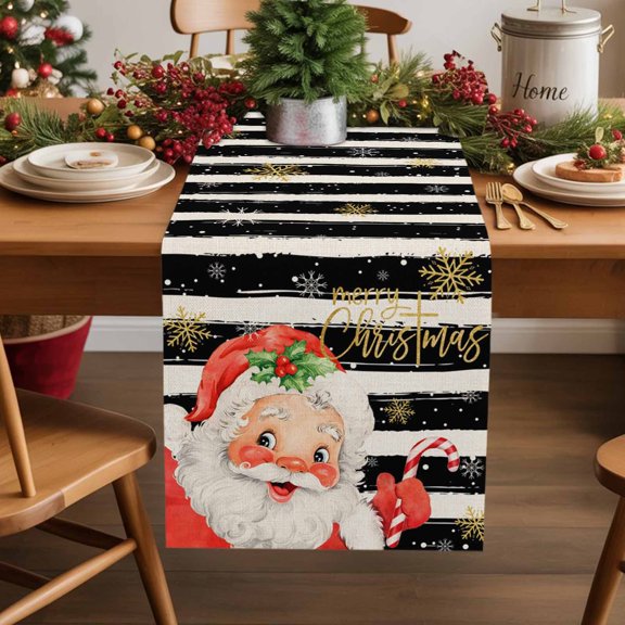 Merry Christmas Cotton Linen Table Runner Red Santa Claus Winter Snowflake Black Stripe Dining Table Runners for Home Decor Party Dining Room Restaurant Kitchen Party 13" x 48"