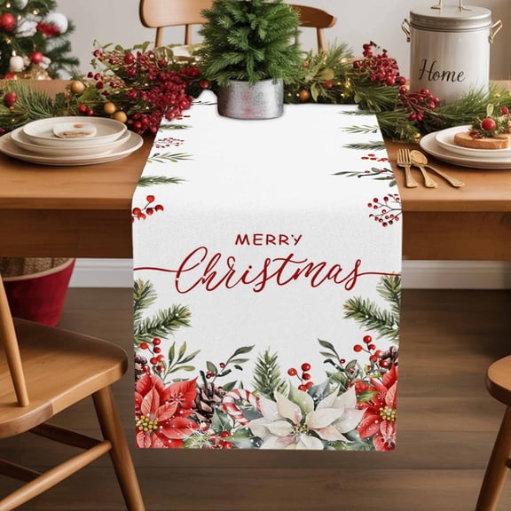 Merry Christmas Cotton Linen Table Runner Red White Flowers Green Leaf Country Dining Table Runners for Home Decor Party Dining Room Restaurant Kitchen Party 13" x 48"
