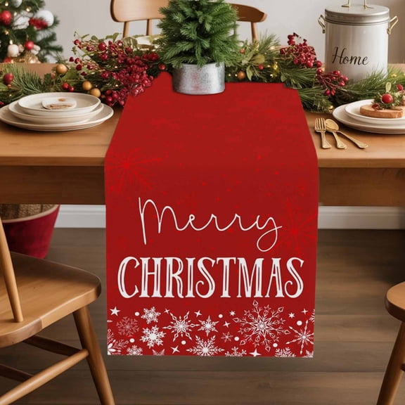 Merry Christmas Cotton Linen Table Runner Winter Snowflake Red Dining Table Runners for Home Decor Party Dining Room Restaurant Kitchen Party 13" x 90"