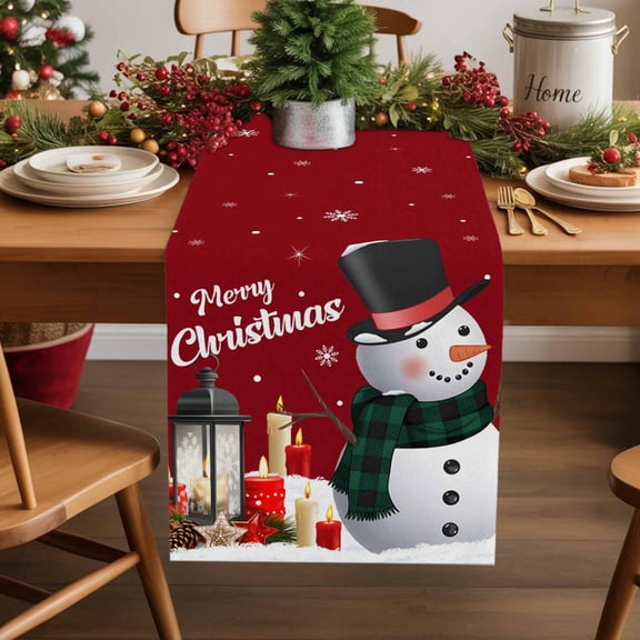Merry Christmas Cotton Linen Table Runner Winter Snowman Candle Red Dining Table Runners for Home Decor Party Dining Room Restaurant Kitchen Party 13" x 36"